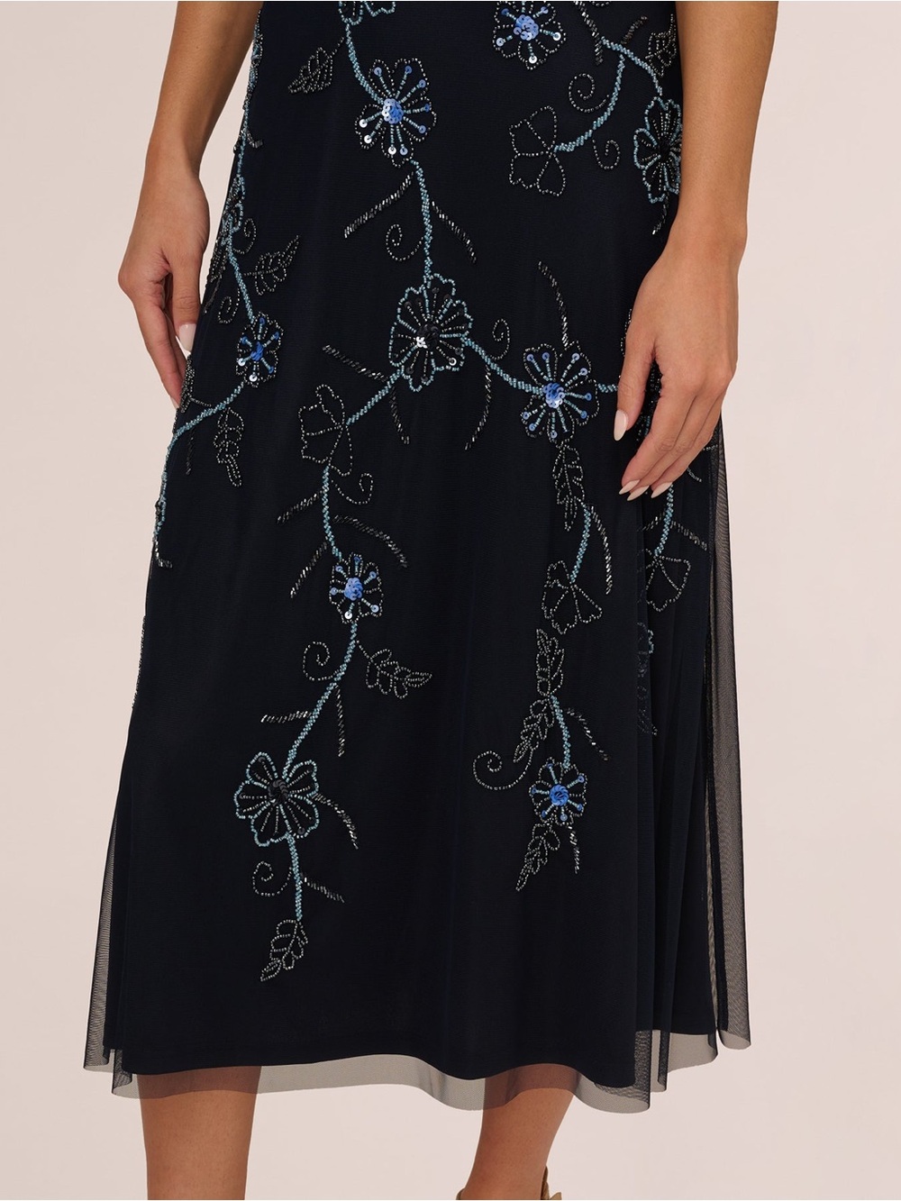 Adrianna Papell Midnight Blue Multi Beaded Floral Midi Dress NWT Size 14 Formal - Picture 4 of 15
